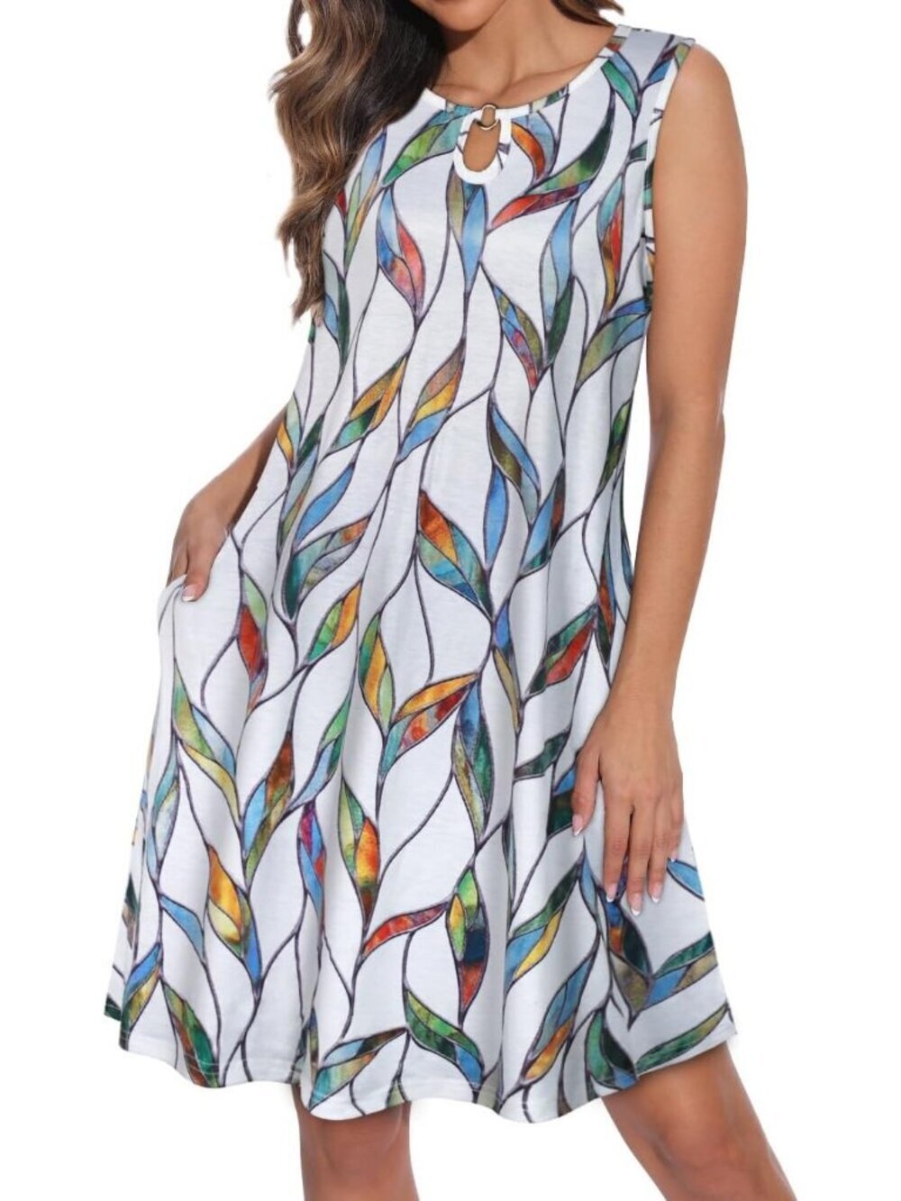 Women's Summer Sleeveless Sundress Floral Loose Fit Cover Up White Leaf Stripes